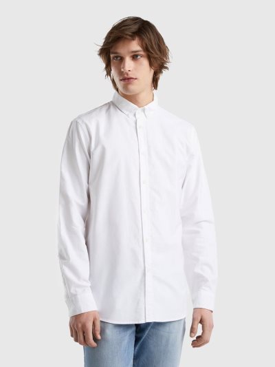 Men's Benetton Slim Fit 100% Cotton Shirts White | NZ664693