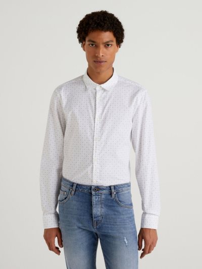 Men's Benetton Slim Fit Micro Patterned Shirts White | NZ387677