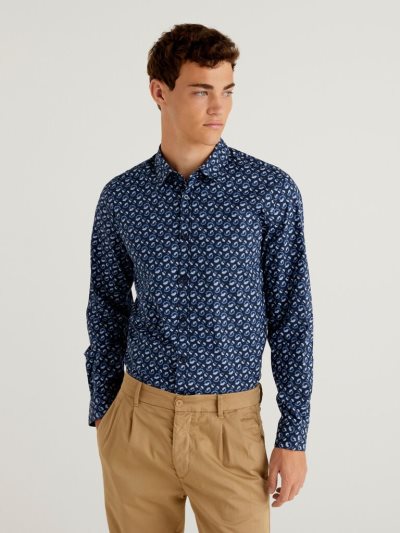 Men's Benetton Slim Fit Patterned Shirts Blue | NZ027694