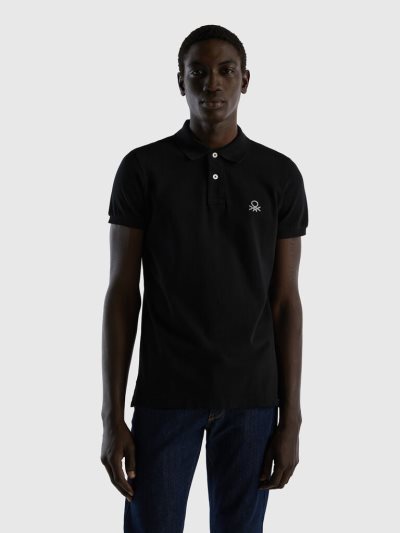 Men's Benetton Slim Fit Short Sleeve Polos Black | NZ089341