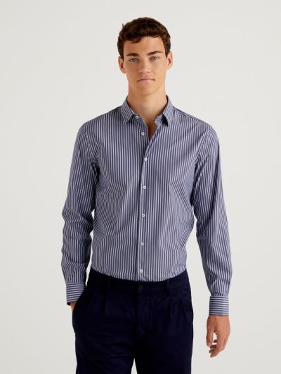 Men's Benetton Slim Fit Stretch Cotton Blend Shirts Air Force Blue | NZ347455