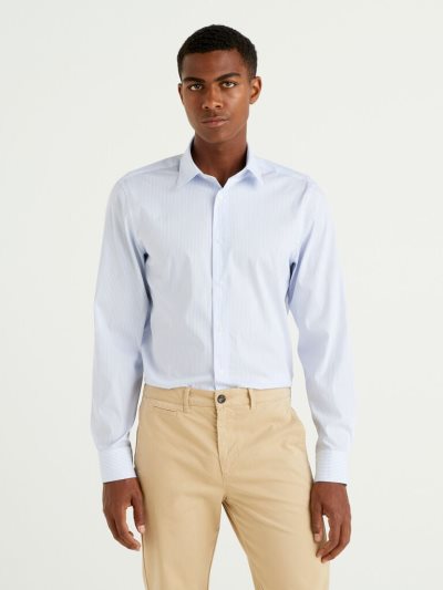 Men's Benetton Slim Fit Stretch Cotton Blend Shirts Sky Blue | NZ416785