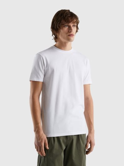 Men's Benetton Slim Fit Stretch Cotton Short Sleeve T-shirts White | NZ670971