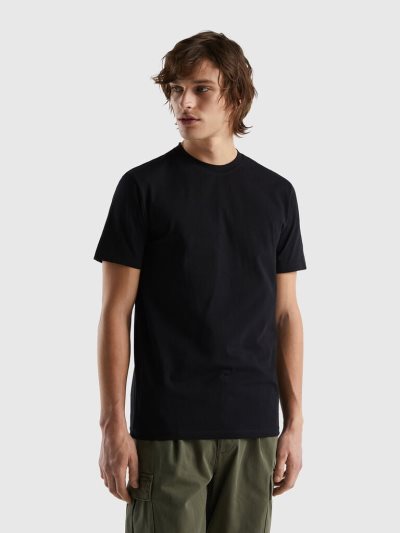Men's Benetton Slim Fit Stretch Cotton Short Sleeve T-shirts Black | NZ947367