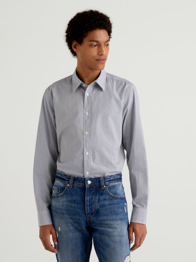 Men's Benetton Slim Fit Yard Dyed Cotton Shirts Grey | NZ399603