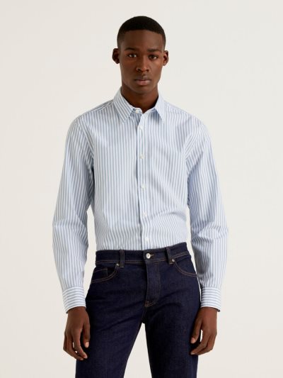 Men's Benetton Slim Fit Yard Dyed Cotton Shirts Sky Blue | NZ825926