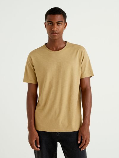Men's Benetton Slub Cotton Short Sleeve T-shirts Beige | NZ019419