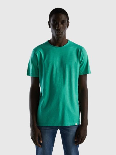 Men's Benetton Slub Cotton Short Sleeve T-shirts Green | NZ038017