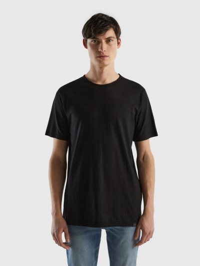 Men's Benetton Slub Cotton Short Sleeve T-shirts Black | NZ451936