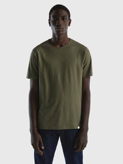 Men's Benetton Slub Cotton Short Sleeve T-shirts Green | NZ604484