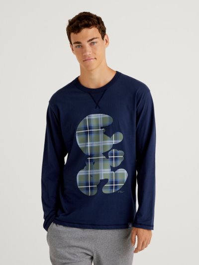 Men's Benetton Smurfs Long Fiber Cotton T Shirts Dark Blue | NZ914155