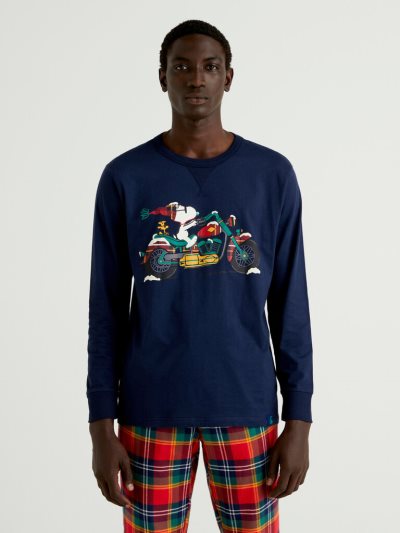 Men's Benetton Snoopy Long Fiber Cotton Tops Dark Blue | NZ529858