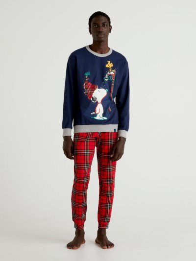 Men's Benetton Snoopy Warm Cotton Pyjamas Dark Blue | NZ652900