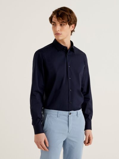 Men's Benetton Solid Color Slim Fit Shirts Dark Blue | NZ020877