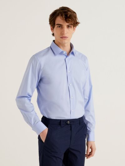 Men's Benetton Solid Color Slim Fit Shirts Sky Blue | NZ051185