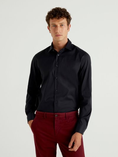 Men's Benetton Solid Color Slim Fit Shirts Black | NZ312352