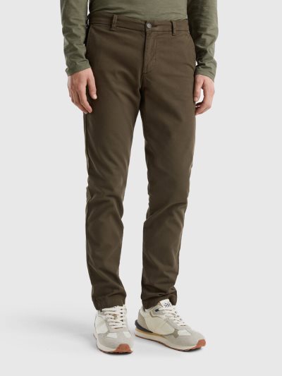Men's Benetton Stretch Cotton Slim Fit Chinos Military Green | NZ027553