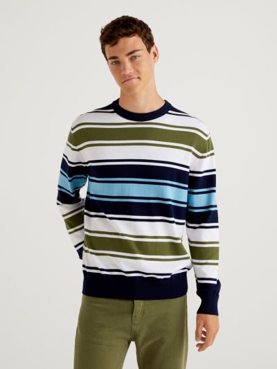 Men's Benetton Striped 100% Cotton Crew Neck Sweaters Military Green | NZ304792