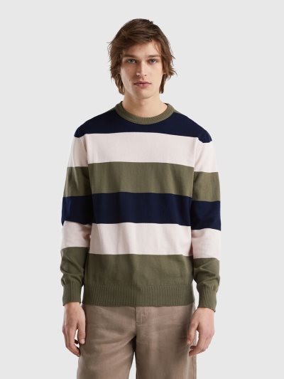 Men's Benetton Striped 100% Cotton Crew Neck Sweaters Green | NZ349430