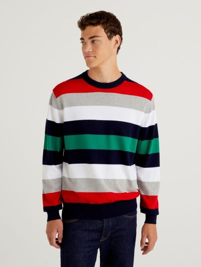 Men's Benetton Striped 100% Cotton Crew Neck Sweaters Multi-color | NZ560761