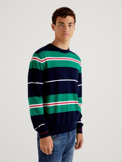 Men's Benetton Striped 100% Cotton Crew Neck Sweaters Green | NZ762236