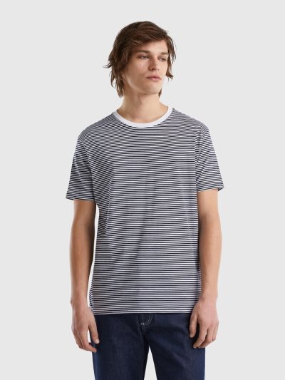 Men's Benetton Striped 100% Cotton Short Sleeve T-shirts White | NZ031273