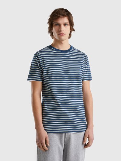 Men's Benetton Striped 100% Cotton Short Sleeve T-shirts Air Force Blue | NZ104524