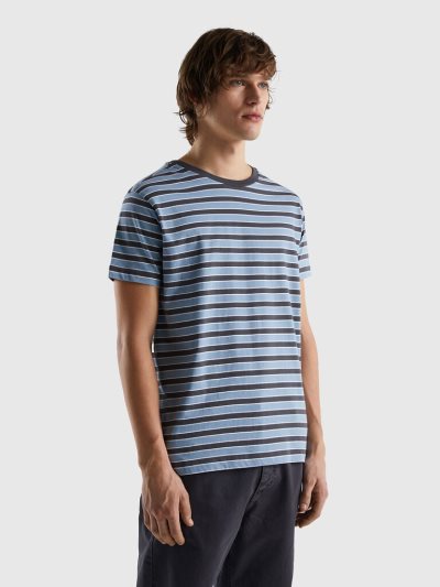 Men's Benetton Striped 100% Cotton Short Sleeve T-shirts Light Blue | NZ436111