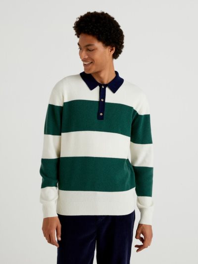 Men's Benetton Striped Knit Crew Neck Sweaters Green | NZ594089