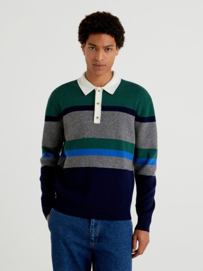 Men's Benetton Striped Knit Crew Neck Sweaters Multi-color | NZ873919