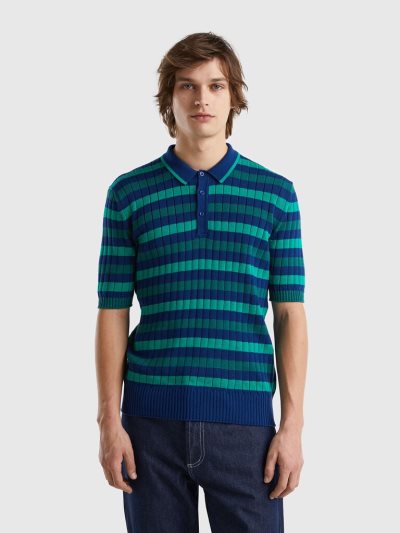 Men's Benetton Striped Knit Short Sleeve Polos Green And Blue | NZ944563