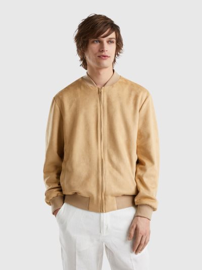 Men's Benetton Suede-look Bomber Light Jackets Camel | NZ084508