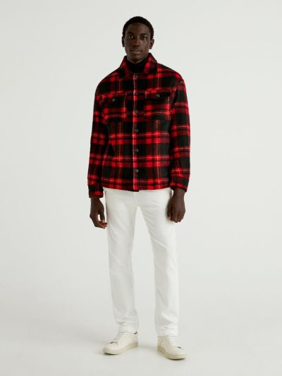 Men's Benetton Tartan Wool Blend Light Jackets Red | NZ674907