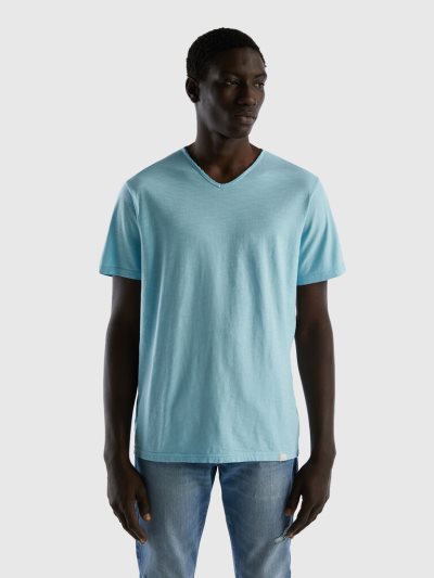 Men's Benetton V-neck 100% Cotton Short Sleeve T-shirts Turquoise | NZ014973
