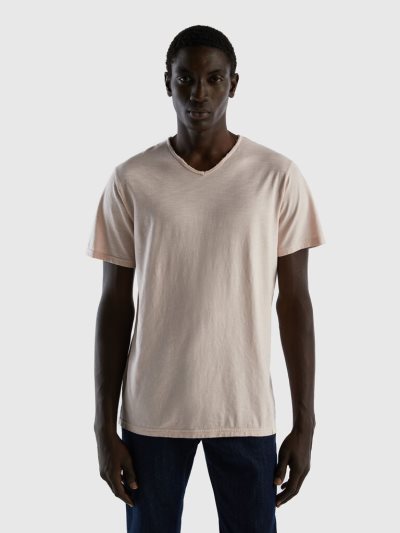 Men's Benetton V-neck 100% Cotton Short Sleeve T-shirts Soft Pink | NZ657105