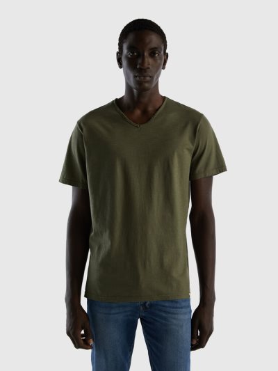 Men's Benetton V-neck 100% Cotton Short Sleeve T-shirts Green | NZ681014