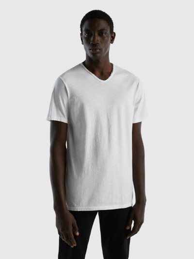 Men's Benetton V-neck 100% Cotton Short Sleeve T-shirts White | NZ700366