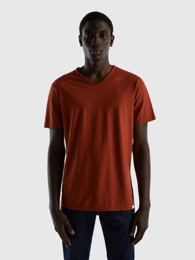 Men's Benetton V-neck 100% Cotton Short Sleeve T-shirts Brown | NZ854355