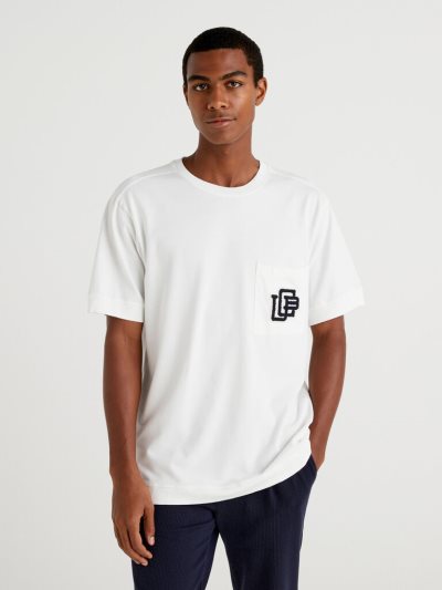 Men's Benetton Warm Cotton Patch Short Sleeve T-shirts Creamy White | NZ359090
