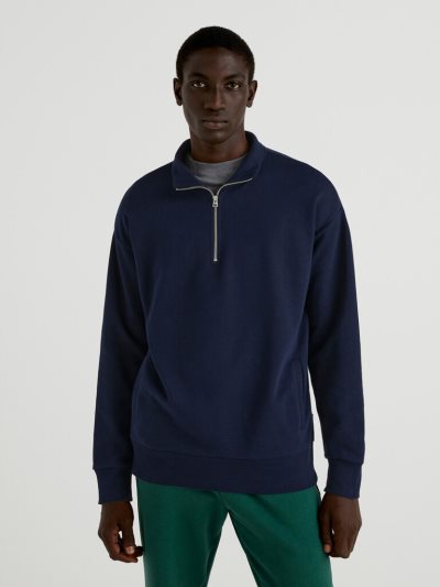 Men's Benetton Warm High Neck Zip Sweatshirt Dark Blue | NZ035180