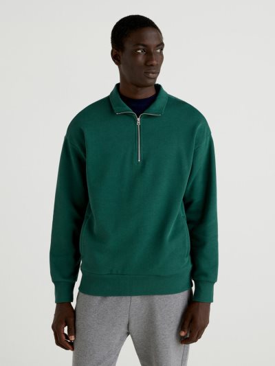 Men's Benetton Warm High Neck Zip Sweatshirt Dark Green | NZ826294