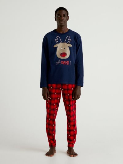 Men's Benetton Warm Reindeer Print Pyjamas Dark Blue | NZ415934