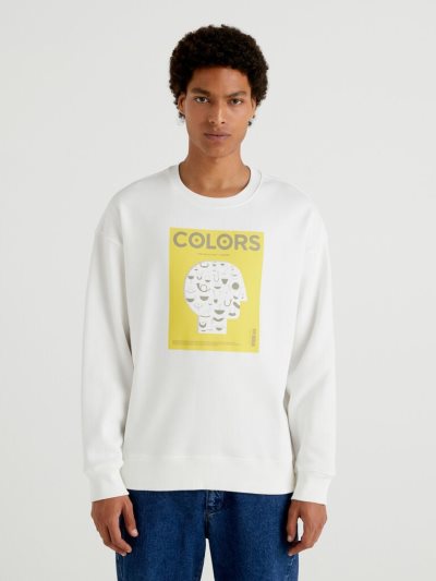 Men's Benetton Warm Relaxed Fit "Colors" Sweatshirt Creamy White | NZ782670
