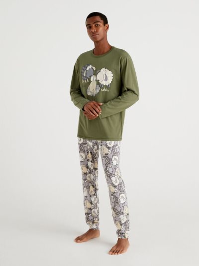 Men's Benetton Warm Sheep Print Pyjamas Military Green | NZ674273