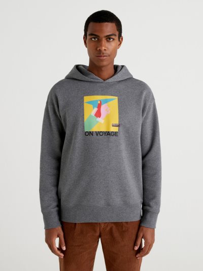 Men's Benetton Warm Vintage Print Hoodie Dark Grey | NZ020102