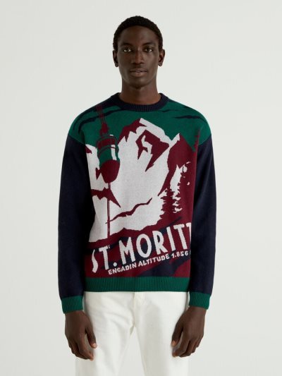 Men's Benetton Winter Cashmere Blend Crew Neck Sweaters Blue | NZ296678