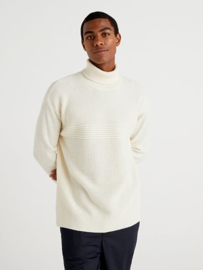 Men's Benetton Wool Blend Turtleneck High Neck Sweaters Creamy White | NZ387063