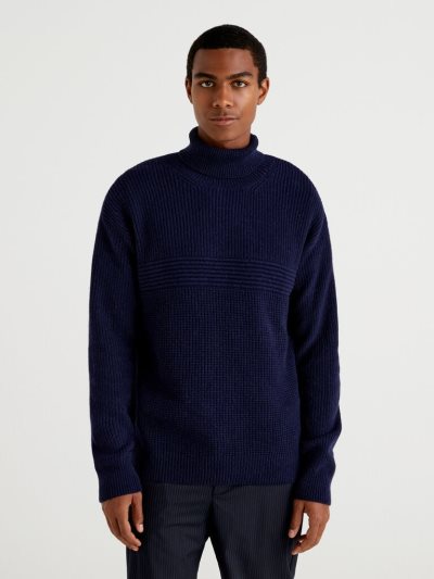 Men's Benetton Wool Blend Turtleneck High Neck Sweaters Dark Blue | NZ421024