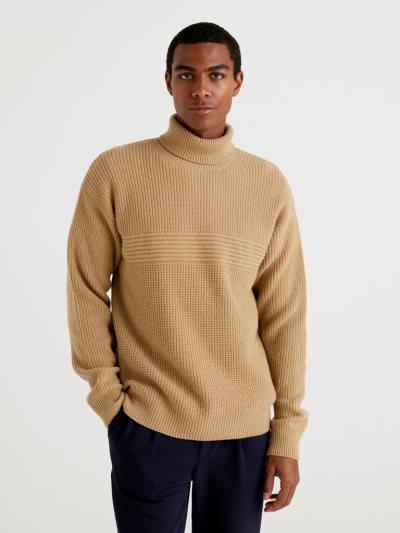 Men's Benetton Wool Blend Turtleneck High Neck Sweaters Beige | NZ579821