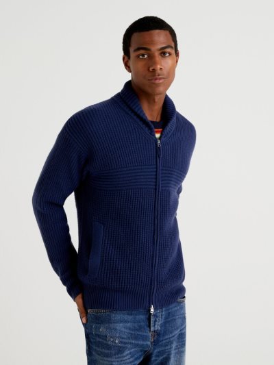 Men's Benetton Wool Blend Zip Cardigan Dark Blue | NZ933269